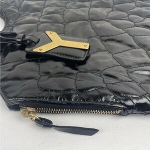 YSL YVES SAINT LAURENT TRIBUTE TOTE Black Leather Gold Tone EMBOSSED CROC